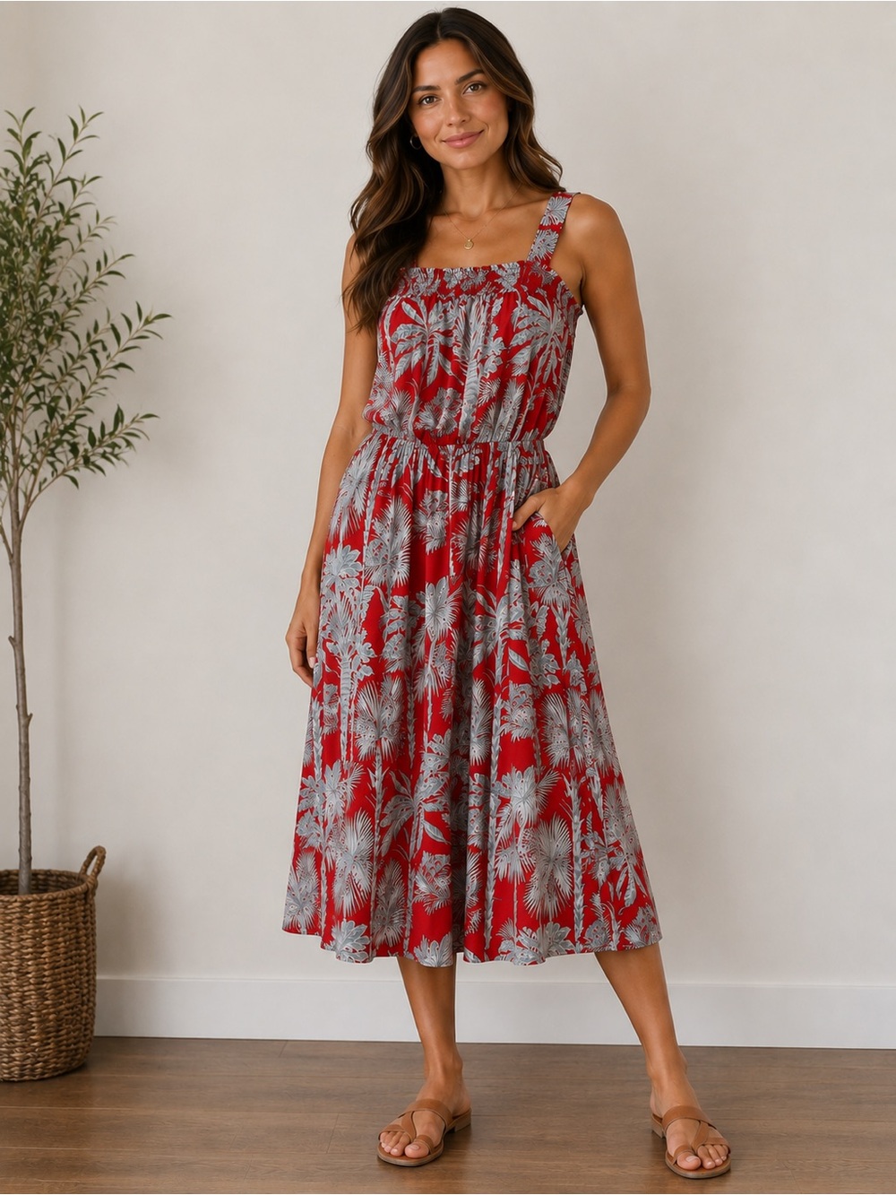 Talbots Red Tropical Palm Print Midi Dress Smocked Elastic Size 14